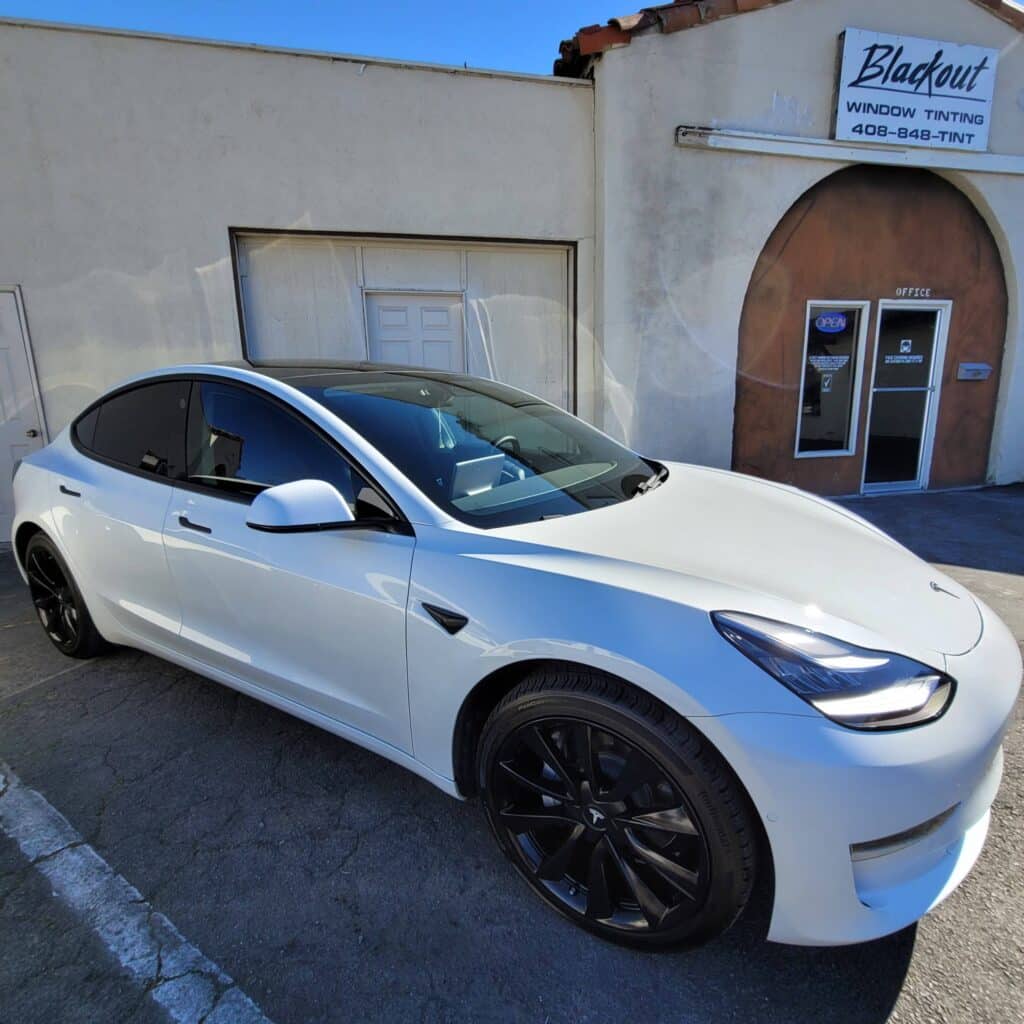 Picture of a Tesla Window Tinting / Chrome Delete / Powder Coating completed by Blackout Window Tinting in Gilroy, CA