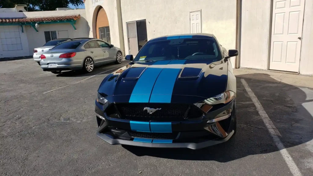Ford Mustang blue vinyl wrap stripes